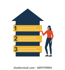 Arrow infographic with 3 steps and young woman standing beside