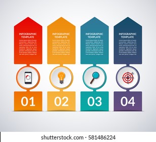 Up arrow infographic banner with circle design elements. 4-step layout template. Vector background. Business growth concept. Can be used for web, vertical chart, graph, diagram, number options