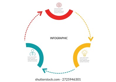 Concepto de infografía de flecha. Diagrama de Vector con 3 opciones. Puede ser utilizado para la presentación del ciclo, informe, opciones del paso, Diseño web, gráfico redondo. Ilustración vectorial.