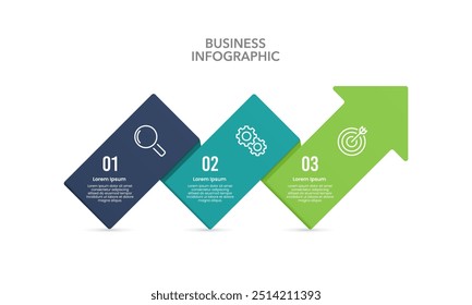 Seta Infográfico modelo de design. 3 etapas para atingir os objetivos da empresa. Apresentação de negócios, planejamento, estratégia e marketing. Ilustração vetorial.