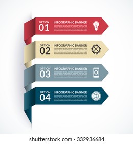 Arrow infographic options banner. Can be used for workflow layout, web design, printed materials. 4 steps, parts, options vector design template