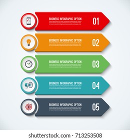 Arrow infographic options template. Vector banner with 5 steps. Can be used for workflow layout, diagram, number and step options, graph, web design.