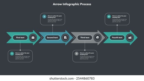 Pfeil-Infografik-Prozessvorlage mit vier Schritten - dunkle Version. Grafisches Diagramm mit Zahlen und Symbolen für Workflow-Layout, Banner oder Webdesign.