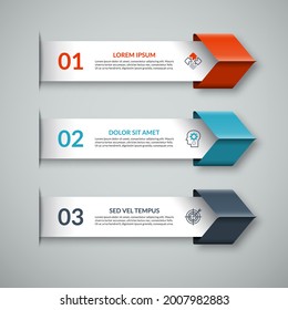 Infografische Bogenvorlage. 3-stufiger bunter Papierbanner für Geschäftsinformationen. Kann für Workflow-Layout, Broschüre, Diagramm, Diagramm, Web-Design verwendet werden.