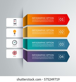 Arrow infographic template. 4 options, steps, parts, pieces. Vector banner with marketing icons and design elements. Can be used for workflow layout, diagram, chart, graph, report.