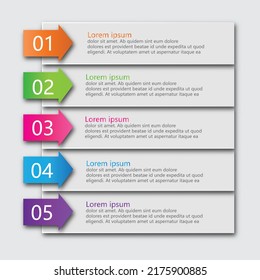 Plantilla infográfica de flecha con 5 pasos, opciones, partes, elementos. Estilo originami. Cartel del vector. Se puede utilizar para diseño de flujo de trabajo, folleto, diagrama, gráfico, diseño web.
