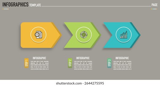 Arrow infographic template or element with 3 step, process, option, colorful rectangle, icons, triangle, paper origami, button, tag, circle, circular, square bar for sale slide, internet planner