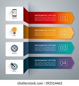 Arrow infographic template. Infographic options banner. Vector layout for business infographics with marketing icons and design elements. Abstract background with 4 steps, parts, stages, processes.