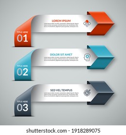 Arrow infographic template in origami style. 3-step colorful paper banner for business infographics. Can be used for workflow layout, brochure, diagram, chart, web design