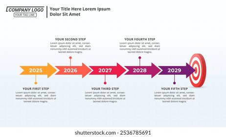 Cronograma do Infográfico de seta com 5 etapas em um layout 16:9 para apresentações de negócios, gerenciamento e avaliação.