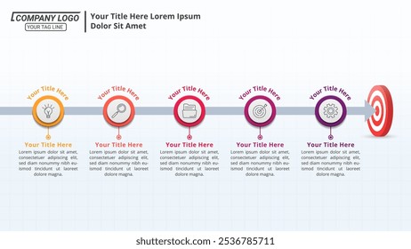 Línea de tiempo de la infografía de flecha con 5 pasos en un diseño 16:9 para presentaciones comerciales, administración y evaluación.