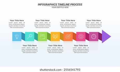 Arrow Infographic Timeline with 7 Steps on a 16:9 Layout for Business Presentation, Poster, Banner and Booklet.