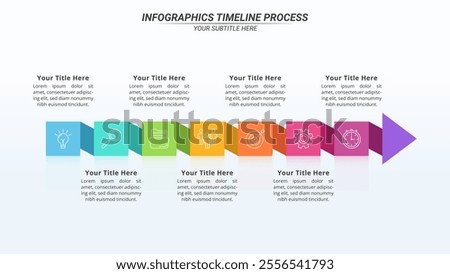 Arrow Infographic Timeline with 7 Steps on a 16:9 Layout for Business Presentation, Poster, Banner and Booklet.