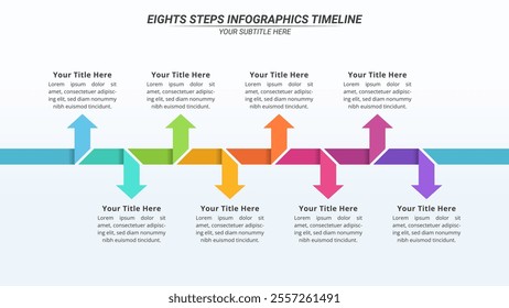 Arrow Infographic Timeline with 8 Options on a 16:9 Layout for Business Presentation, Poster, Banner and Booklet.