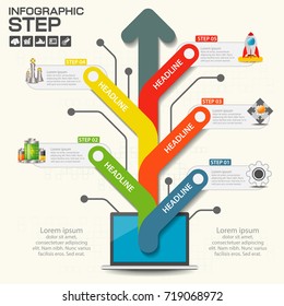Arrow infographics template 5 options with computer monitor. Can be used for workflow layout, diagram, number options, step up options, web design or presentations.