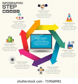 Arrow infographics template 7 options with computer monitor. Can be used for workflow layout, diagram, number options, step up options, web design or presentations.