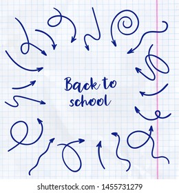 Arrow ink set on sheet of notebook in the cell. Vector set