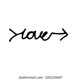 Arrow with the inscription Love. Black and white sketch, logo, clipart, icon, icon, template. Isolated object on a white background. Vector image..