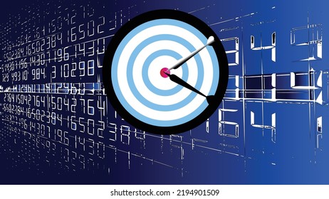  A arrow insert in the middle of a target in front of a blue background showing lots of numbers symbolizes the automated trading system, financial firm and the fin tech. Vector.