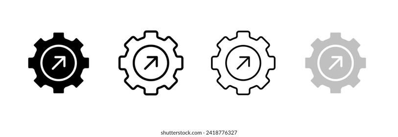 Arrow inside gear icon set. Silhouette, linear, and flat style. Vector icons.