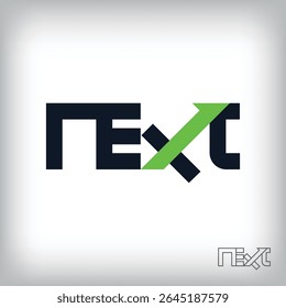 Seta dentro de Próximo logotipo de texto. Identidade de design exclusiva. Modelo de logotipo de fonte simples.