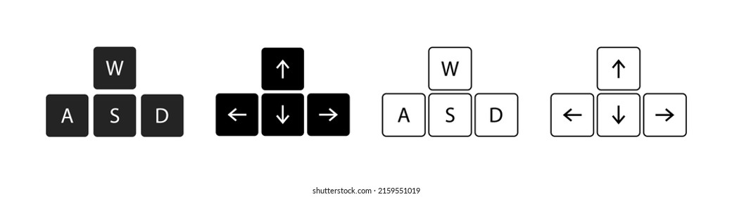 Arrow keyboard. Arrows direction on keyboard. Navigation icons of down, up, left and right direction. Outline buttons isolated on white and black background. Computer wasd keypad. Vector.