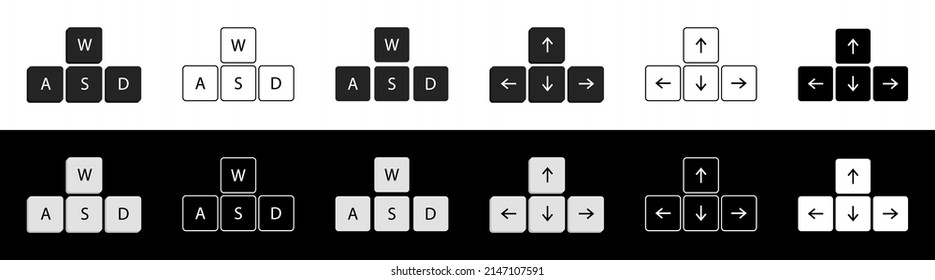 Pfeiltastatur. Pfeilnavigation auf der Tastatur. Symbol von unten, oben, links und rechts. Rahmenknöpfe einzeln auf weißem und schwarzem Hintergrund. Der Computer war mit der Tastatur verbunden. Vektorgrafik.