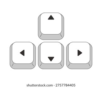 Arrow keys directional controls grayscale computer keyboard. Gaming movement navigation. Minimal rounded keycaps. Keystroke buttons isolated. Vector line illustration. PC navigation. Input interface