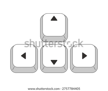 Arrow keys directional controls grayscale computer keyboard. Gaming movement navigation. Minimal rounded keycaps. Keystroke buttons isolated. Vector line illustration. PC navigation. Input interface