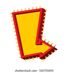 Arrow with lamps. Retro Glowing cursor with light bulb. Vintage direction marker. Glittering lights. Luminous pointer