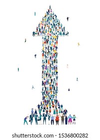 Arrow. Large group of business people, workers, family members and students organised into arrow sign. Collection of icons made of little busy people.