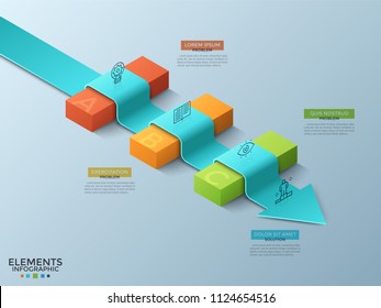 Arrow laying across 3 colorful isometric blocks, thin line icons and text boxes. Concept of business problems solving, obstacles overcoming. Modern infographic design template. Vector illustration.