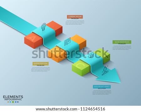 Arrow laying across 3 colorful isometric blocks, thin line icons and text boxes. Concept of business problems solving, obstacles overcoming. Modern infographic design template. Vector illustration.