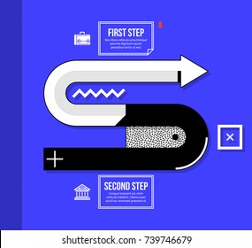 Arrow layout with two steps in fancy corporate style on bright blue background.