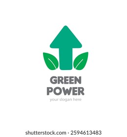 Arrow Leaf Logo Vector Ecology Company. Green Power. Sign Linear Icon Label Eco Website. Flat Symbol Hand Drawing. Doodle Cartoon Style. Logotype Growth Up Concept. Illustration Isolated Background.