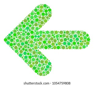 Arrow Left composition of filled circles in different sizes and fresh green color tones. Vector circle elements are combined into arrow left mosaic. Ecological vector illustration.