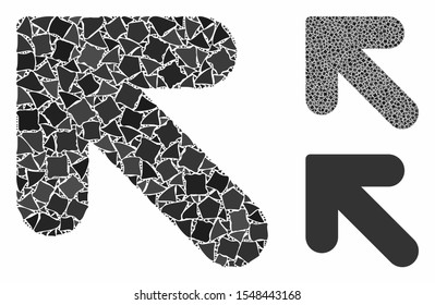 Arrow up left composition of raggy parts in variable sizes and shades, based on arrow up left icon. Vector rugged parts are composed into composition. Arrow up left icons collage with dotted pattern.