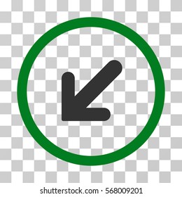 Arrow Left Down rounded icon. Vector illustration style is flat iconic bicolor symbol inside a circle, green and gray colors, transparent background. Designed for web and software interfaces.