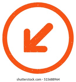 Arrow Left Down rubber seal stamp watermark. Icon symbol inside circle frame with grunge design and corrosion texture. Scratched vector orange ink emblem on a white background.