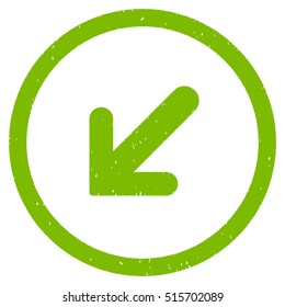 Arrow Left Down rubber seal stamp watermark. Icon symbol inside circle frame with grunge design and corrosion texture. Scratched vector eco green ink emblem on a white background.