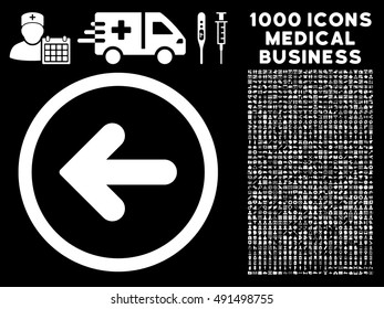 Arrow Left icon with 1000 medical commercial white vector pictograms. Collection style is flat symbols, black background.