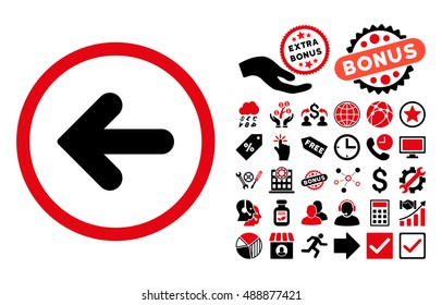 Arrow Left icon with bonus clip art. Vector illustration style is flat iconic bicolor symbols, intensive red and black colors, white background.