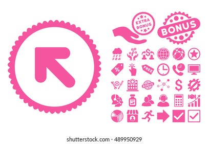 Arrow Up Left icon with bonus design elements. Vector illustration style is flat iconic symbols, pink color, white background.