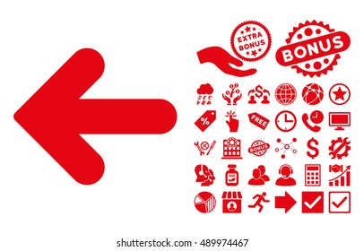 Arrow Left icon with bonus elements. Vector illustration style is flat iconic symbols, red color, white background.