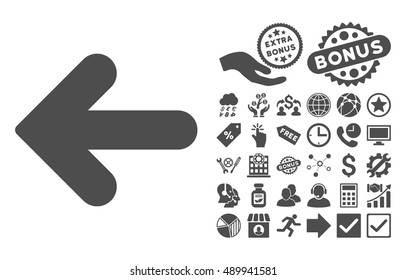 Arrow Left icon with bonus images. Vector illustration style is flat iconic symbols, gray color, white background.
