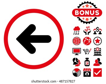 Arrow Left icon with bonus pictures. Vector illustration style is flat iconic bicolor symbols, intensive red and black colors, white background.