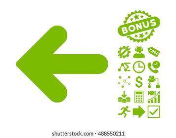 Arrow Left icon with bonus icon set. Vector illustration style is flat iconic symbols, eco green color, white background.
