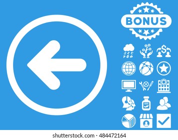 Arrow Left icon with bonus symbols. Vector illustration style is flat iconic symbols, white color, blue background.