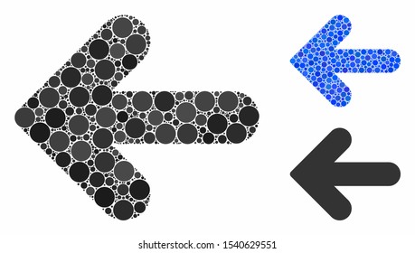 Arrow left mosaic of filled circles in variable sizes and shades, based on arrow left icon. Vector dots are combined into blue mosaic. Dotted arrow left icon in usual and blue versions.