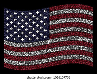 Arrow left pictograms are combined into waving USA flag abstraction on a dark background. Vector composition of America state flag is created of arrow left items.